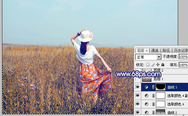 Photoshop给荒草中的美女加上清新的韩系秋季色30