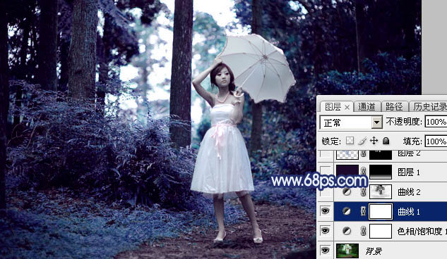 Photoshop为森林人物图片打造梦幻的暗蓝色特效10