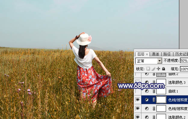 Photoshop给荒草中的美女加上清新的韩系秋季色11