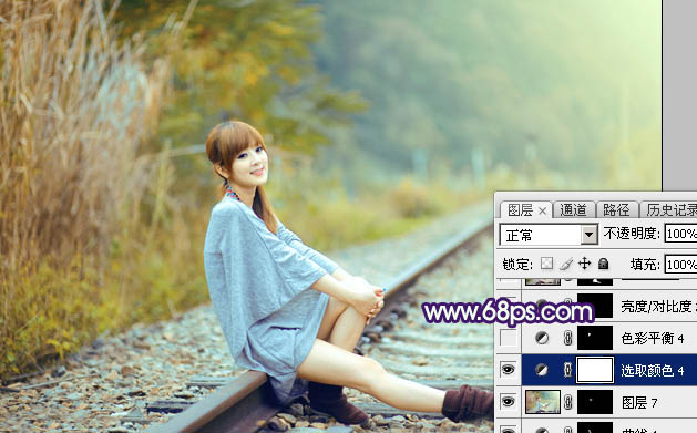 Photoshop打造小清新的淡黄色秋季铁轨美女图片42