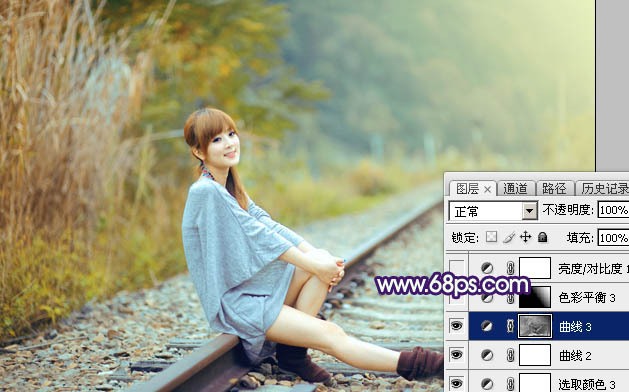 Photoshop打造小清新的淡黄色秋季铁轨美女图片37