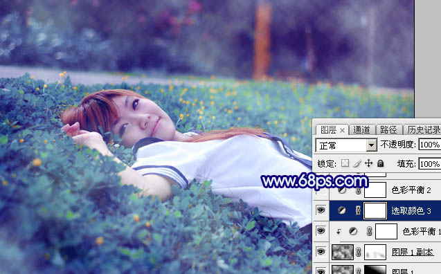 Photoshop打造梦幻甜美的青蓝色春季美女图片24