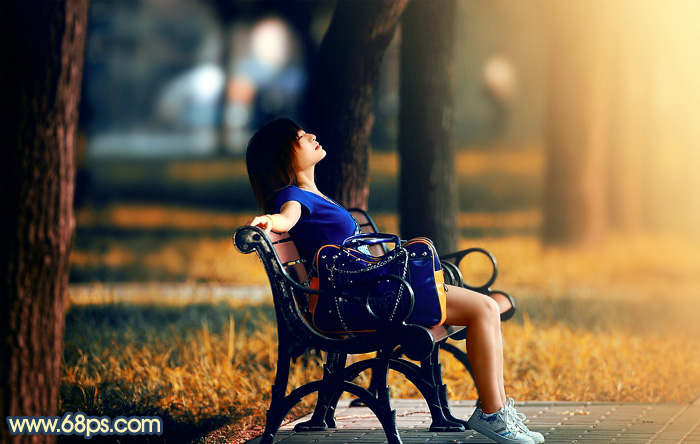 Photoshop给公园长椅上的美女加上唯美的晨曦暖色2