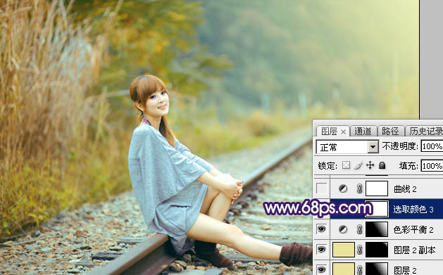 Photoshop打造小清新的淡黄色秋季铁轨美女图片29