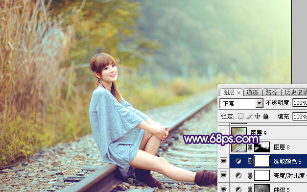 Photoshop打造小清新的淡黄色秋季铁轨美女图片53