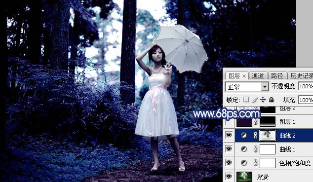 Photoshop为森林人物图片打造梦幻的暗蓝色特效12