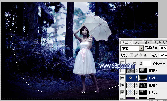 Photoshop为森林人物图片打造梦幻的暗蓝色特效17