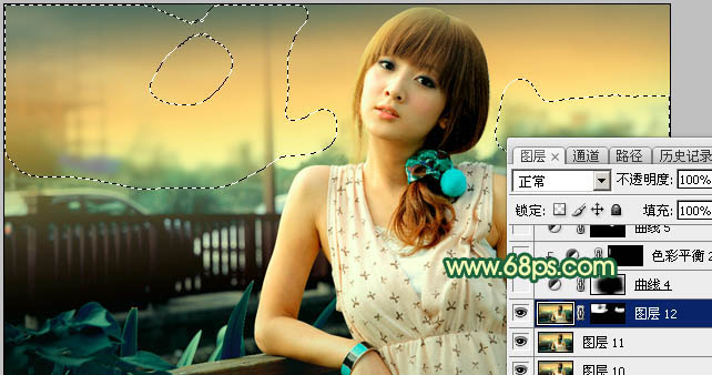 Photoshop给街道边的美女加上暗调青黄色28