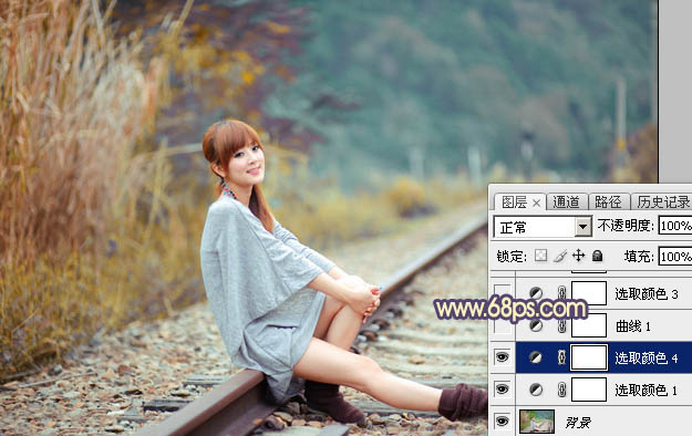 Photoshop给铁轨上的美女加上甜美的晨曦暖色9