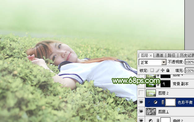 Photoshop给草地上的美女加上唯美的春季粉绿色29