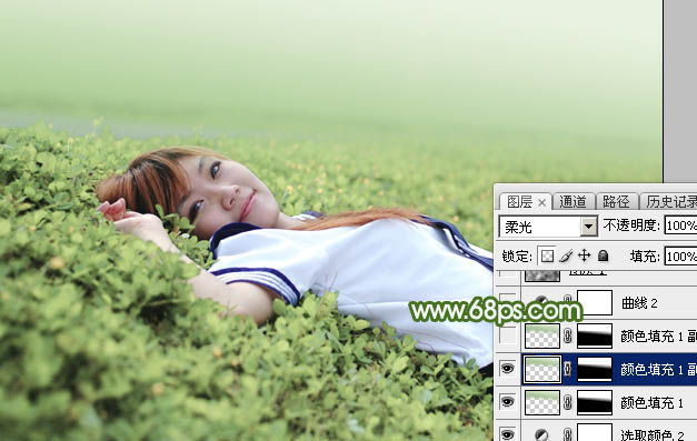 Photoshop给草地上的美女加上唯美的春季粉绿色19