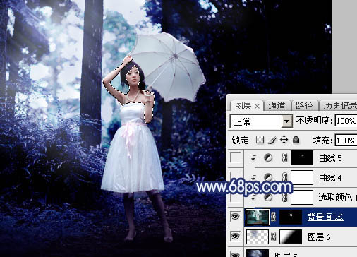 Photoshop为森林人物图片打造梦幻的暗蓝色特效24