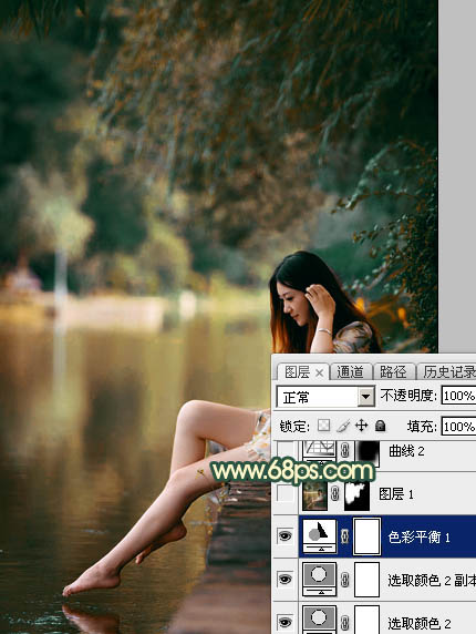 Photoshop给水塘边的美女加上暗调黄青色21
