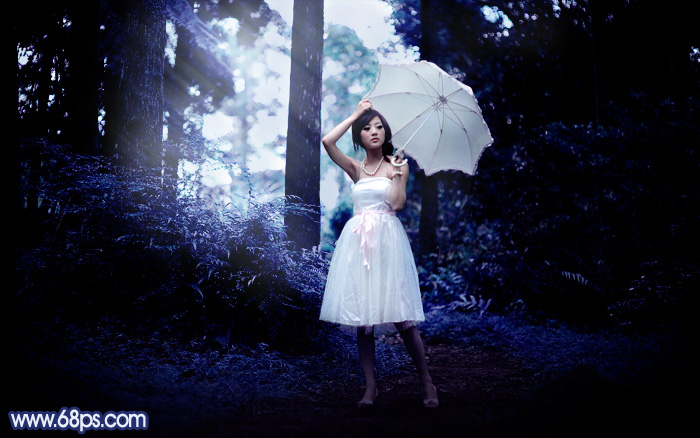 Photoshop为森林人物图片打造梦幻的暗蓝色特效2