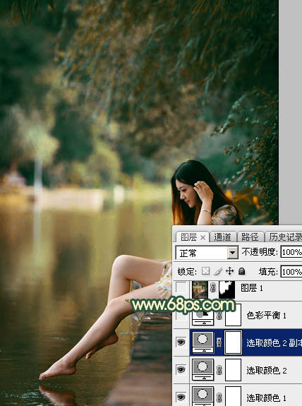 Photoshop给水塘边的美女加上暗调黄青色18