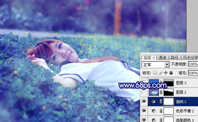 Photoshop打造梦幻甜美的青蓝色春季美女图片32