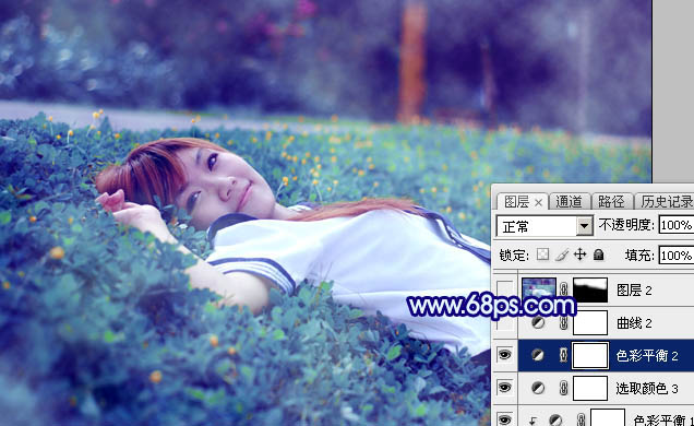 Photoshop打造梦幻甜美的青蓝色春季美女图片27