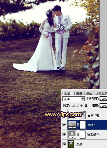 Photoshop给泛白的草地婚片加上唯美的霞光10