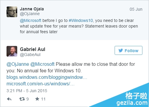 微软承诺Win 10将不会收取年费2