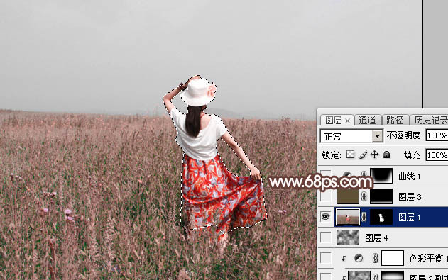 Photoshop给草原人物图片加上梦幻的粉色晨雾效果12