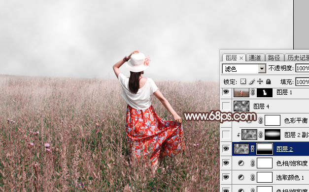 Photoshop给草原人物图片加上梦幻的粉色晨雾效果13