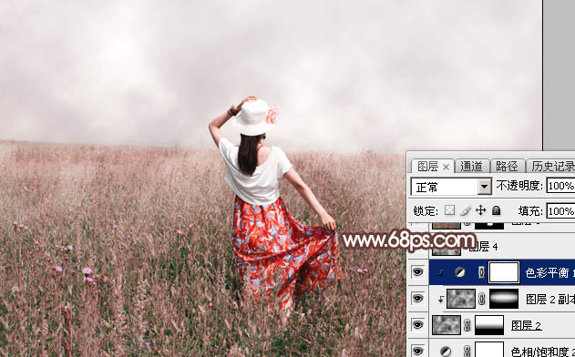 Photoshop给草原人物图片加上梦幻的粉色晨雾效果17
