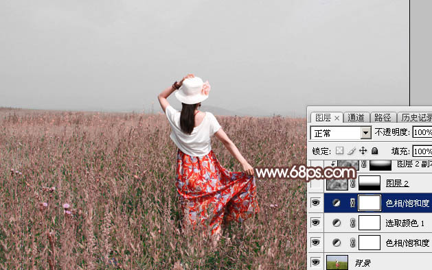 Photoshop给草原人物图片加上梦幻的粉色晨雾效果11