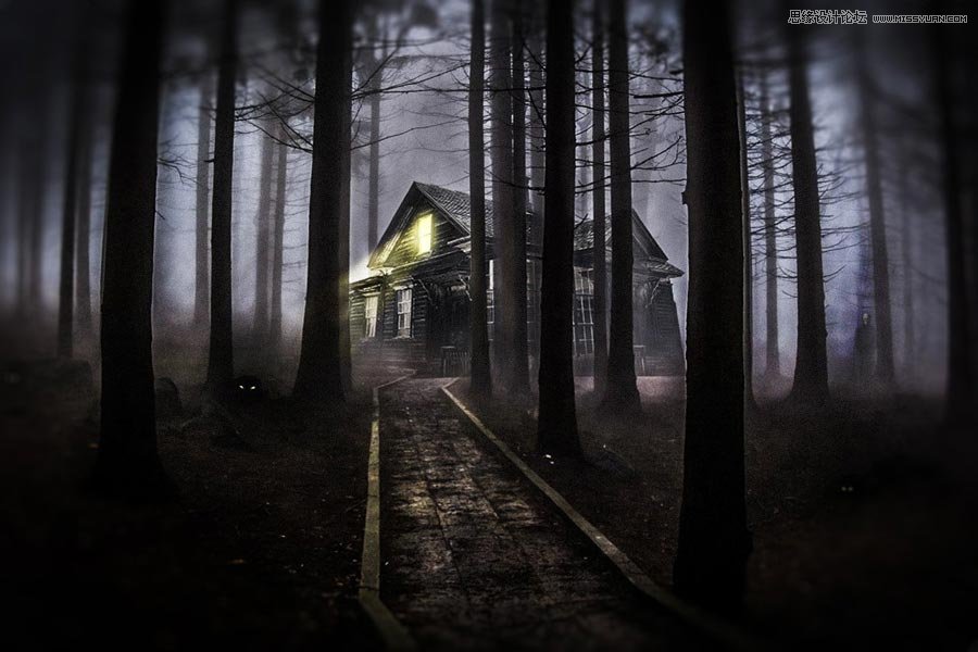 Photoshop合成森林中暗夜风格的小木屋1