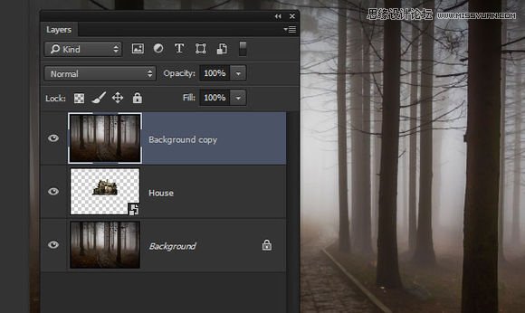 Photoshop合成森林中暗夜风格的小木屋8