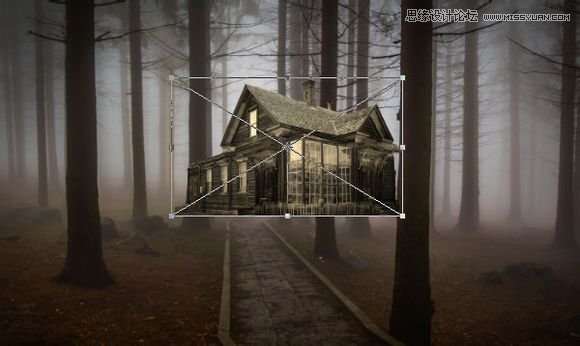 Photoshop合成森林中暗夜风格的小木屋7