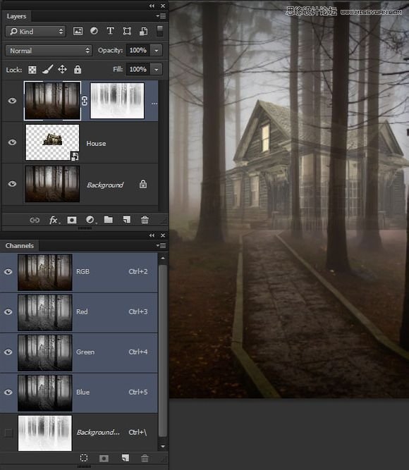 Photoshop合成森林中暗夜风格的小木屋9