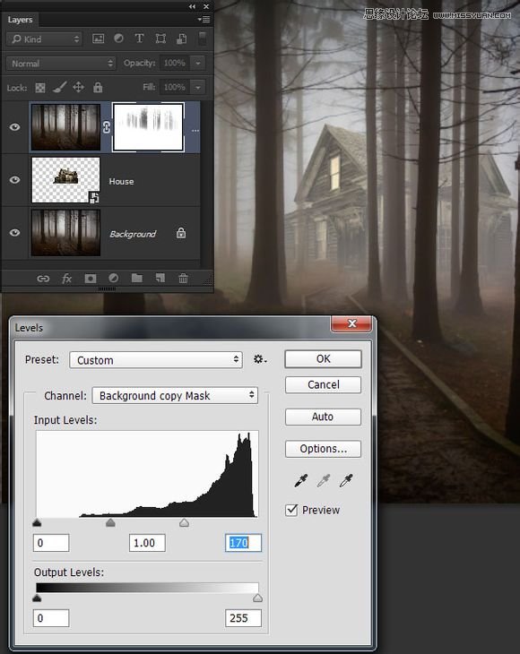 Photoshop合成森林中暗夜风格的小木屋10