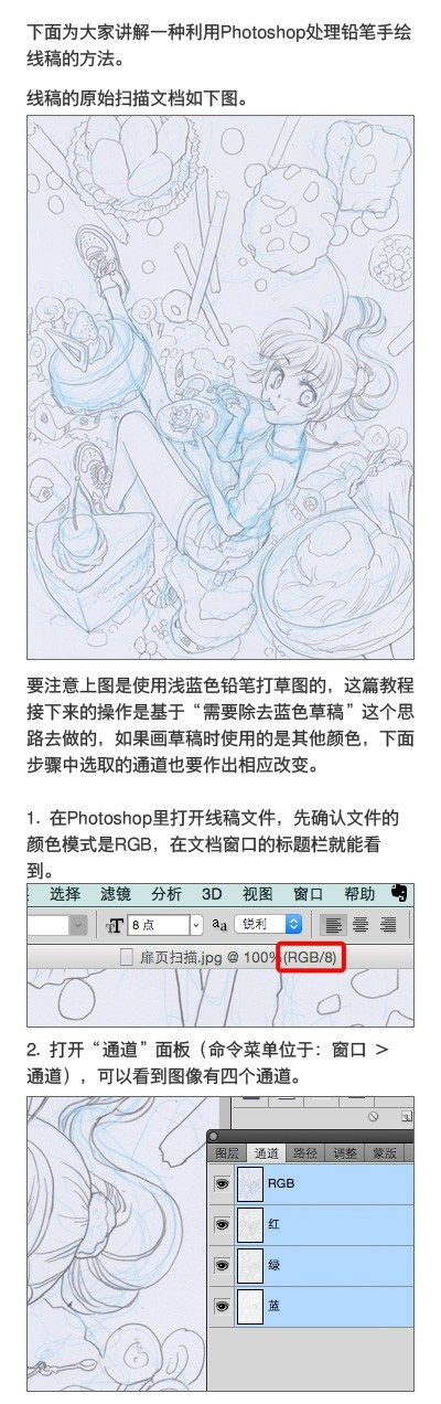 巧用Photoshop中的“通道”面板清理和抽取手绘线稿的方法1