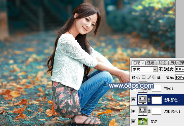 Photoshop打造古典暗蓝色秋季外景人物图片8