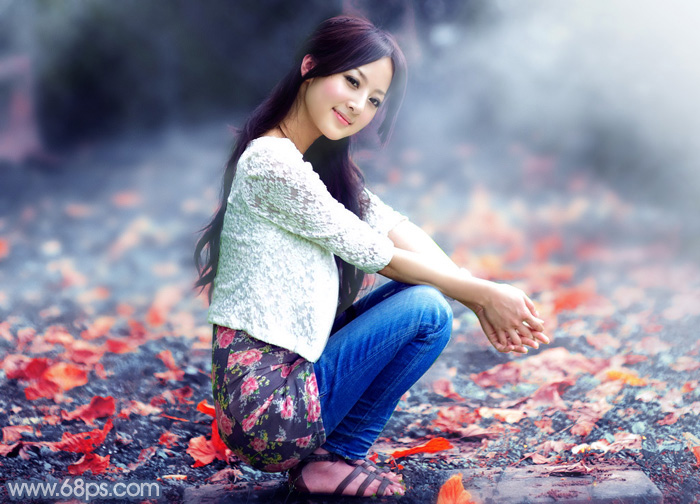 Photoshop打造古典暗蓝色秋季外景人物图片2