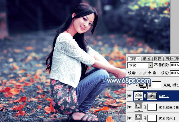 Photoshop打造古典暗蓝色秋季外景人物图片23