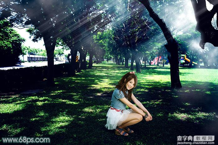 Photoshop给树林中的人物图片增加梦幻透射光束2
