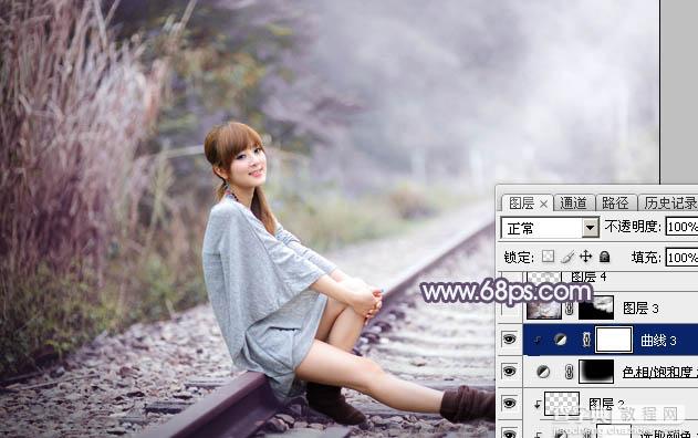 Photoshop为铁轨人物图片打造梦幻的蓝褐色效果41
