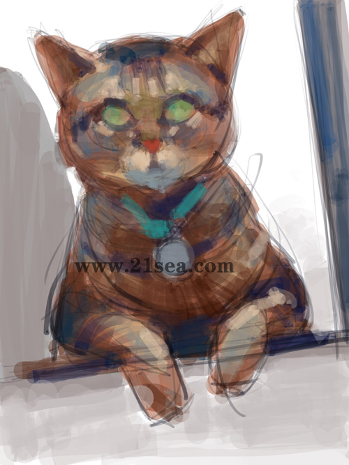 painter绘制正在玩ipad游戏的猫咪4