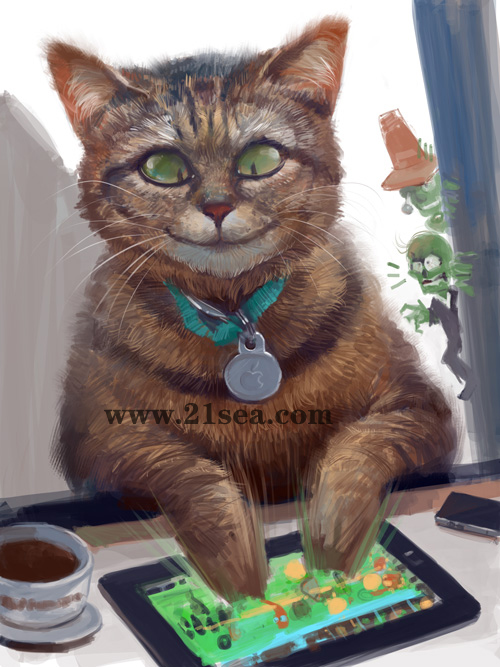 painter绘制正在玩ipad游戏的猫咪1
