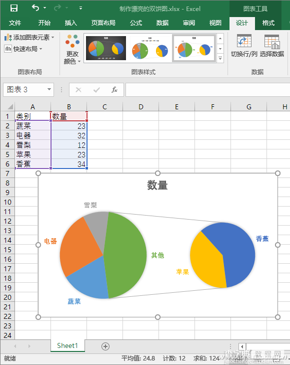 Excel数据如何变身直观双饼图5