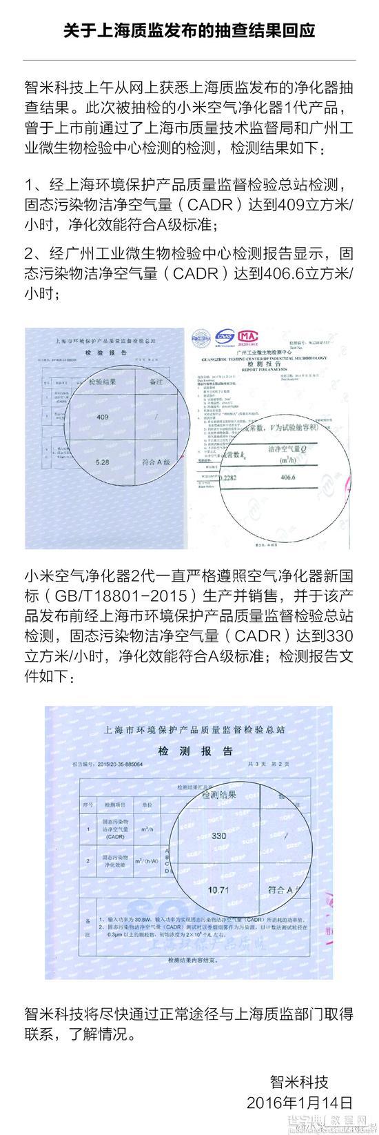 上海质检:小米空气净化器1代被爆质量问题严重 官方回应2