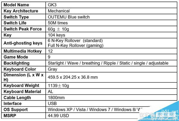 映泰首款机械键盘GK3发布:300元欧特姆的青轴3