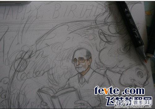 手绘插画：手绘一位老者坐在龙身上看书的过程6