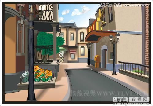 CorelDRAW绘制欧洲古典建筑风格的街道场景画面1