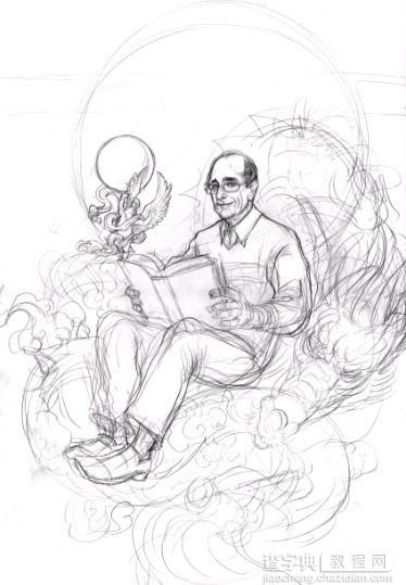 手绘插画：手绘一位老者坐在龙身上看书的过程3
