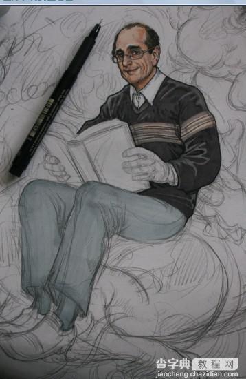 手绘插画：手绘一位老者坐在龙身上看书的过程14