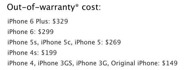 苹果iPhone6/iPhone6 Plus一年保修期 过保后维修费用1