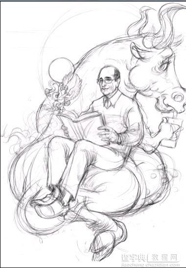手绘插画：手绘一位老者坐在龙身上看书的过程4