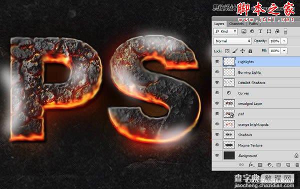 Photoshop设计制作燃烧岩石效果的立体字教程28